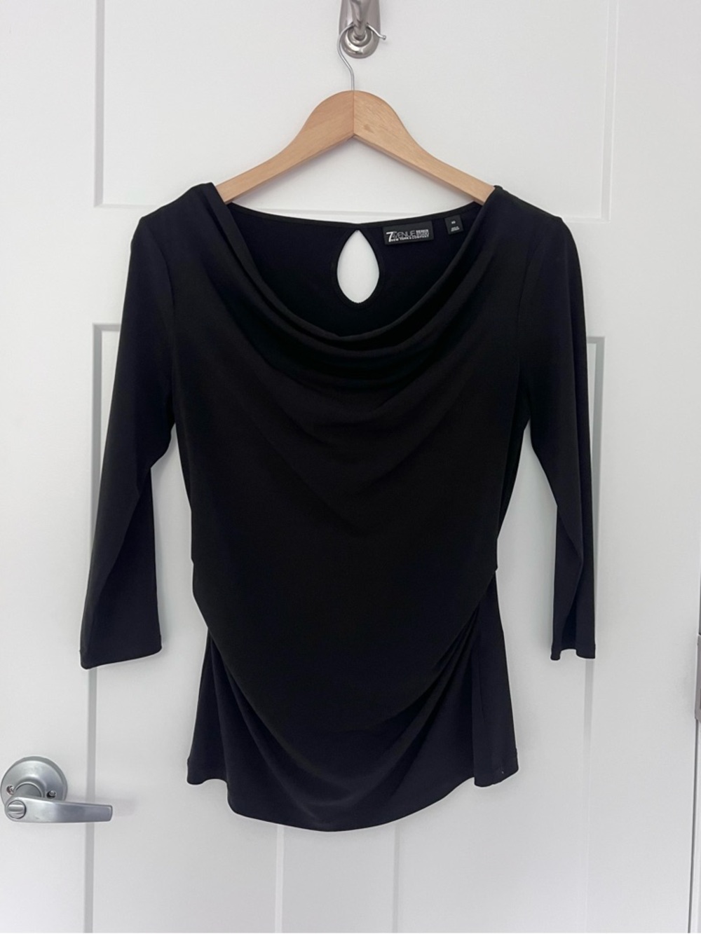 Black Draped-Cowl 3/4 Sleeve Top - XS